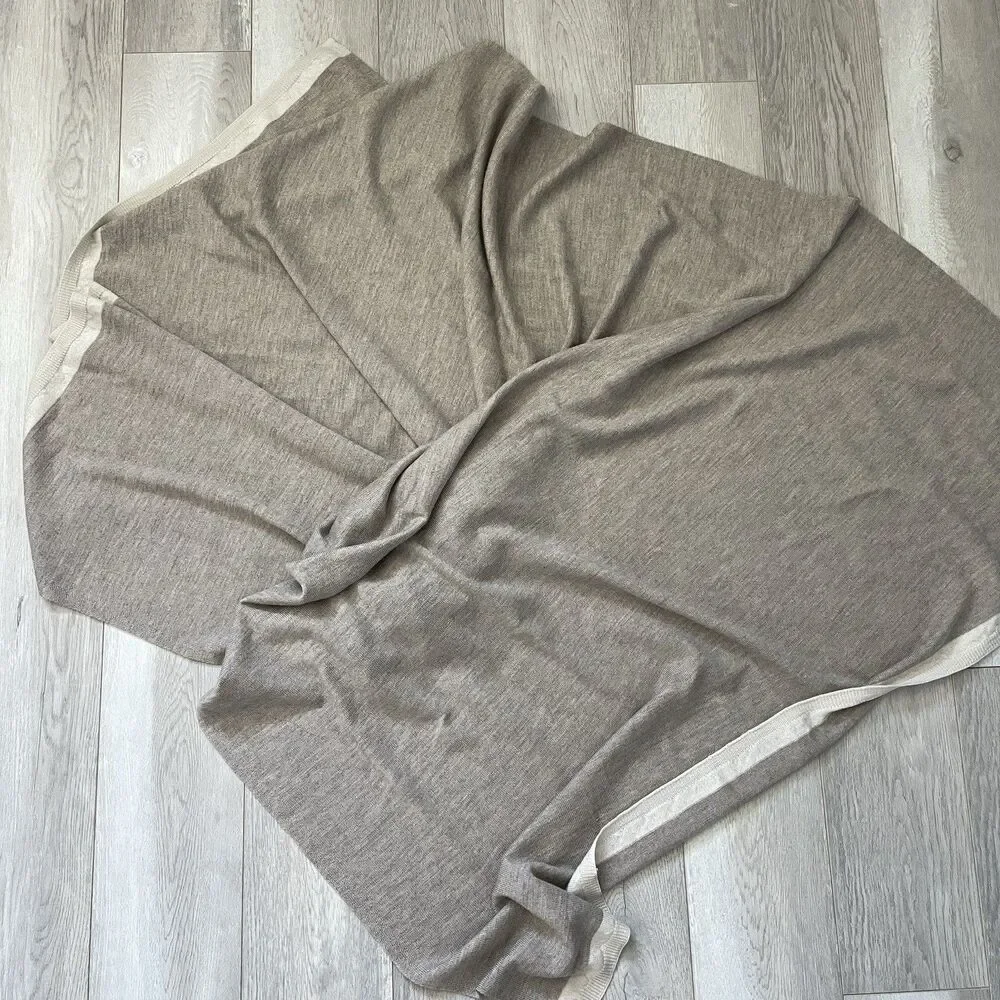 Merino Wool Blanket contrast trim knit womens Brown (one size) warm lightweight